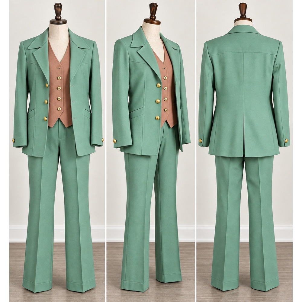 Vintage 70s Leisure Suit 46L Sears Travelknit Mens 3 Piece Green Disco